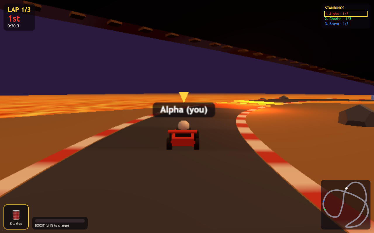 Cinder Peak Rally gameplay: karts racing on a volcanic island circuit