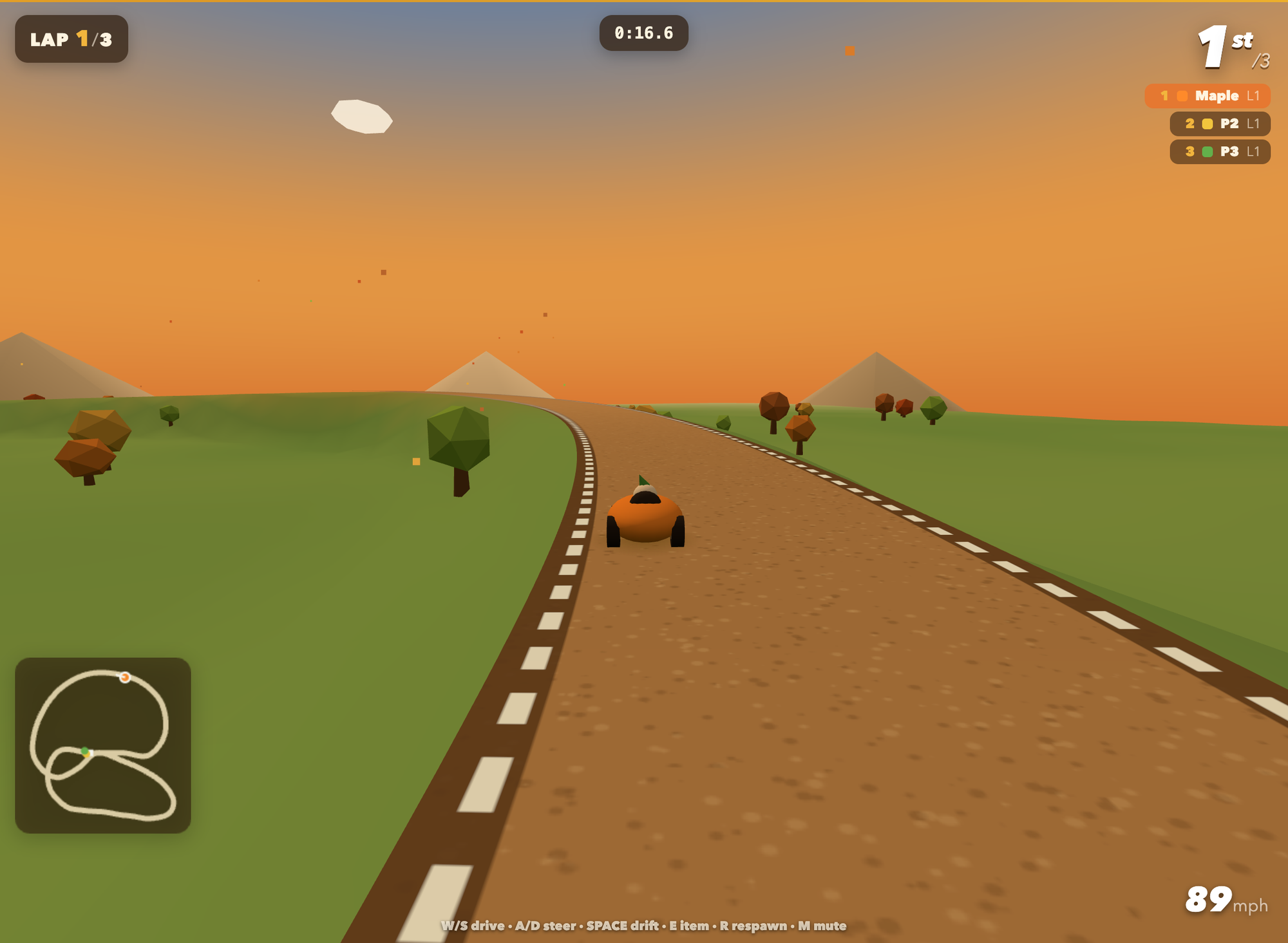 Harvest Rush gameplay: a pumpkin kart on an autumn circuit
