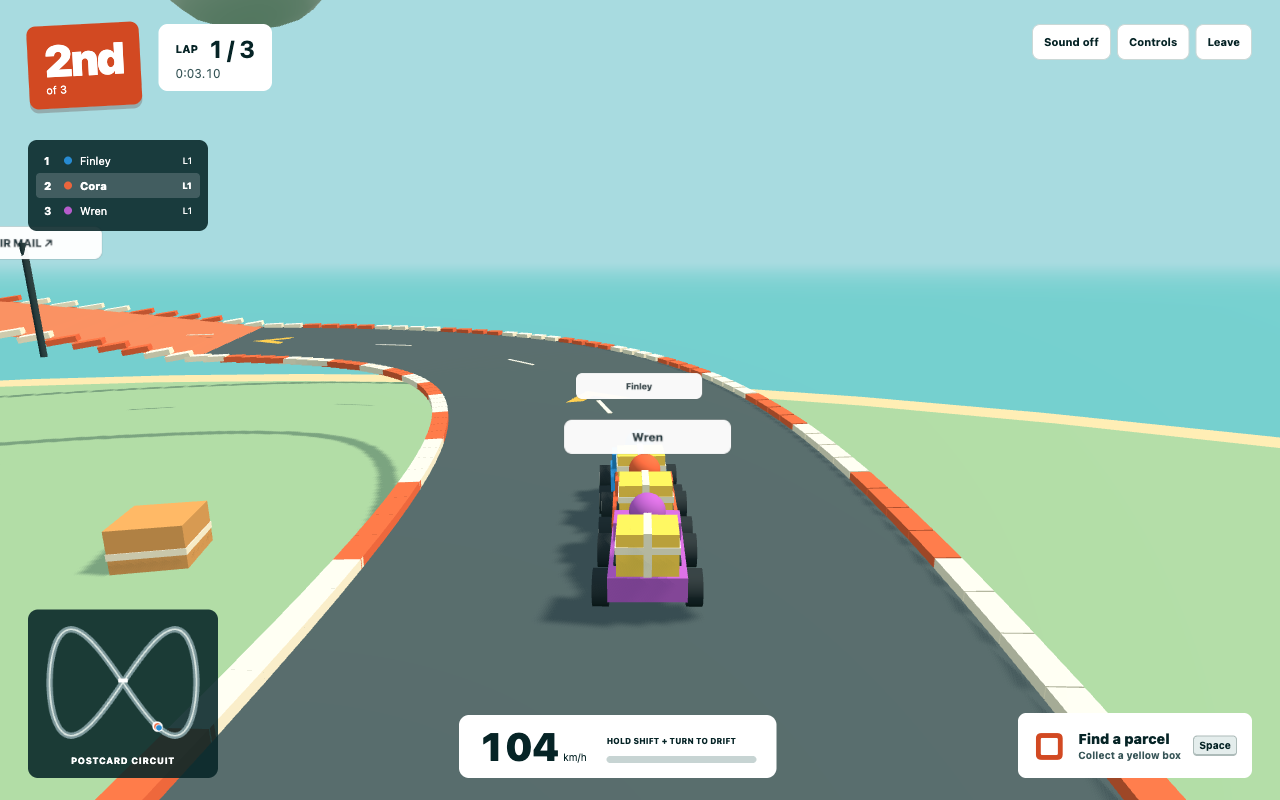 Parcel Panic gameplay: karts racing around an island circuit